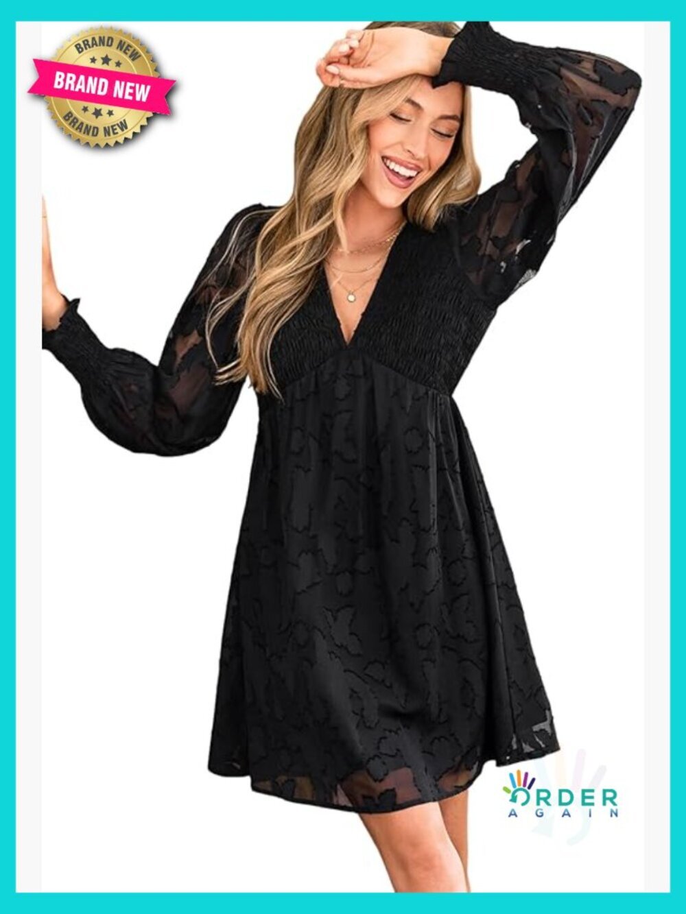 V Neck Long Sleeve Lace Mini Dress Smocked High Waist A Line Casual Party